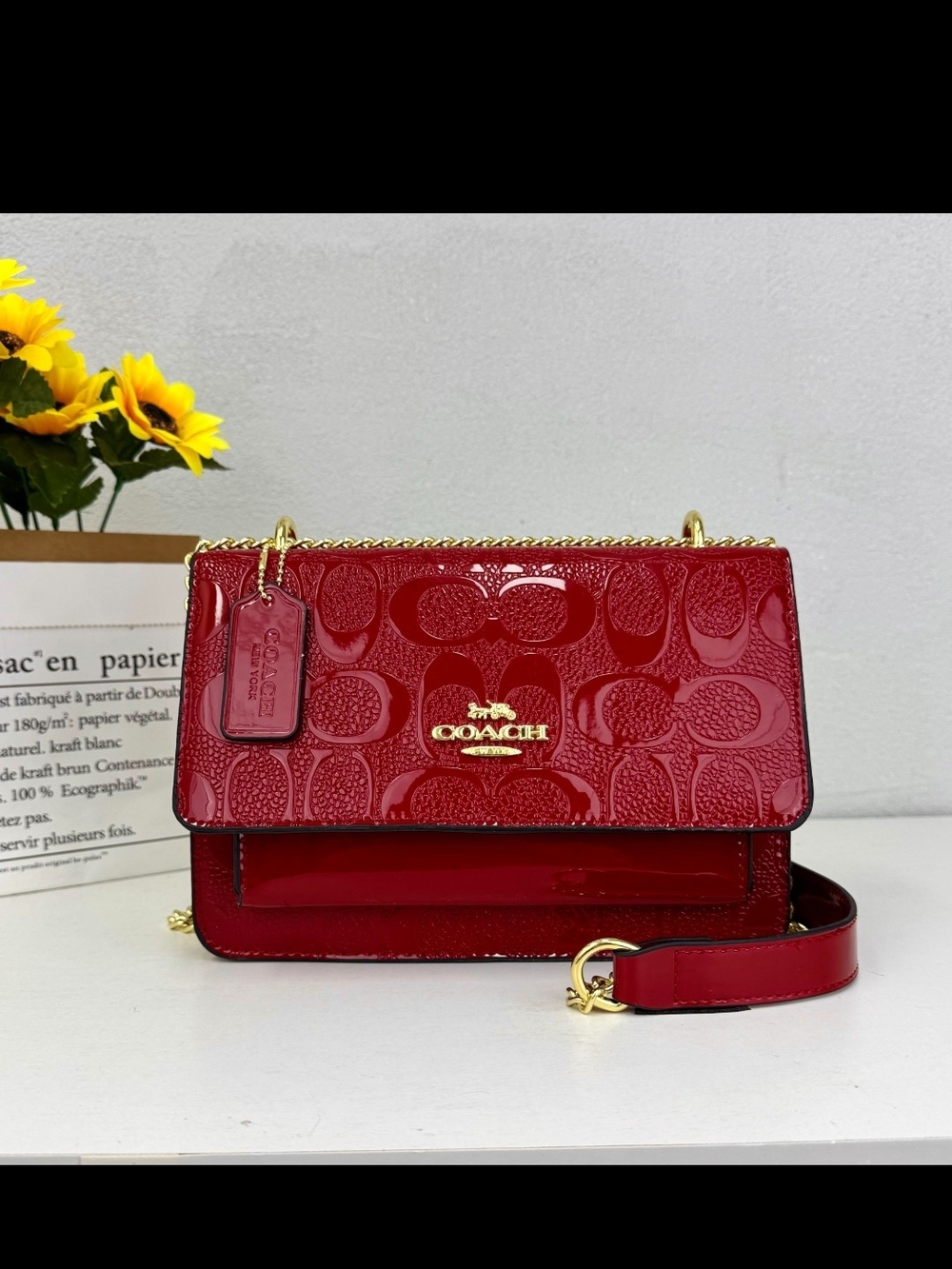 Coach Red Patent Leather Signature Shoulder Bag with Gold Hardware